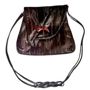 Vintage 80s Eel Skin Leather Snake Print Suede Shoulder Bag Brown Tote Button